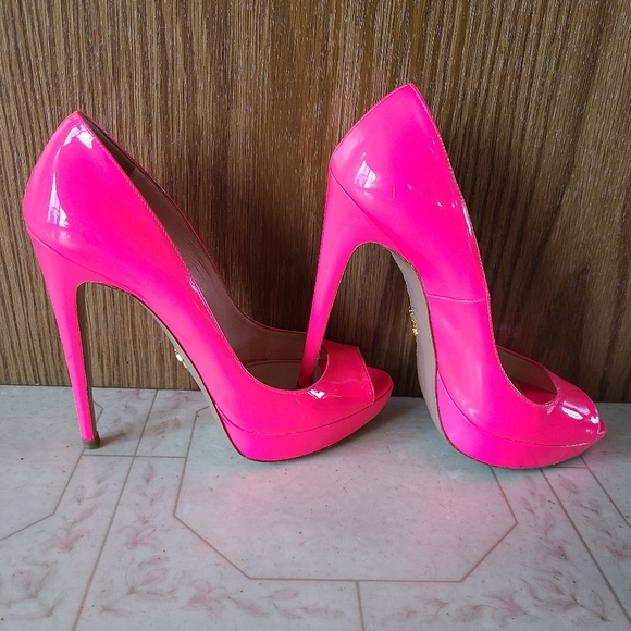 Auth PRADA Rosa Fluo Neon Patent Peep-toe Heels Size EU37/ US6.5 💗 - Picture 3 of 14